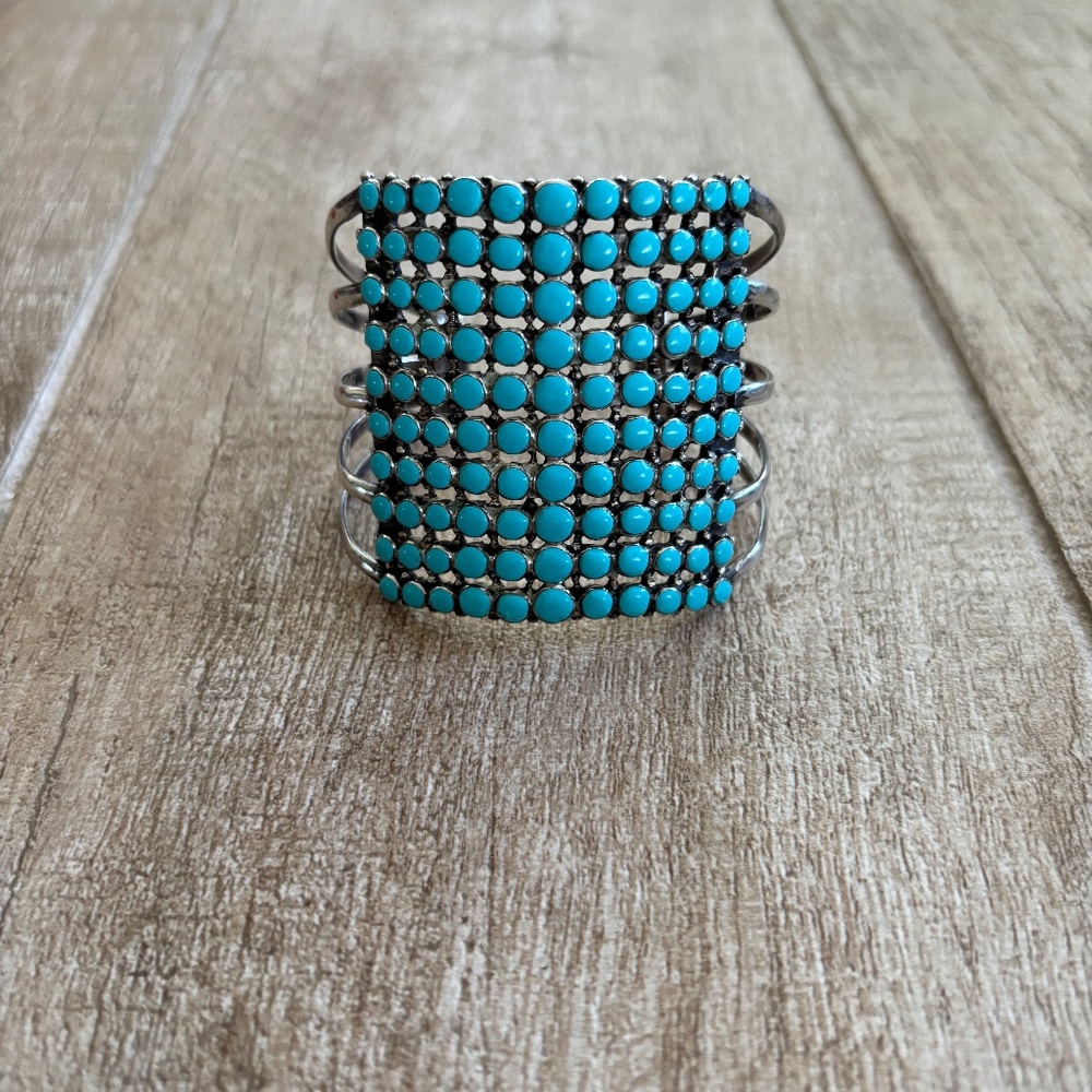 Sterling Silver Turquoise Zuni 10 Row Snake Eye Cuff Bracelet
